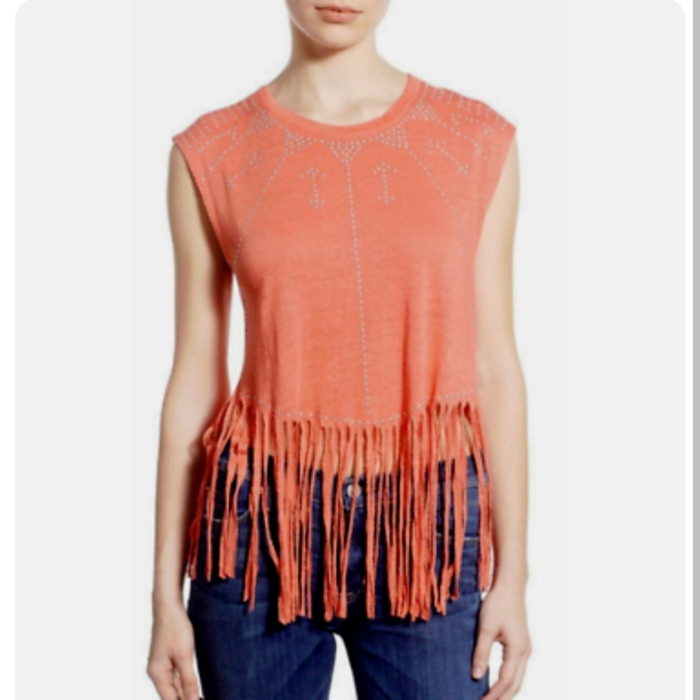 NWT Rebecca Minkoff Gemini Fringe Linen Jersey Tee Coral sz M